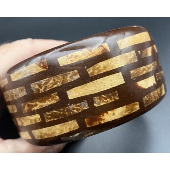 Signed Kenneth Lane Bangle Bracelet 1.5" Wide Inlaid Burled Chunky Wood 8" LOOK - Picture 2 of 15